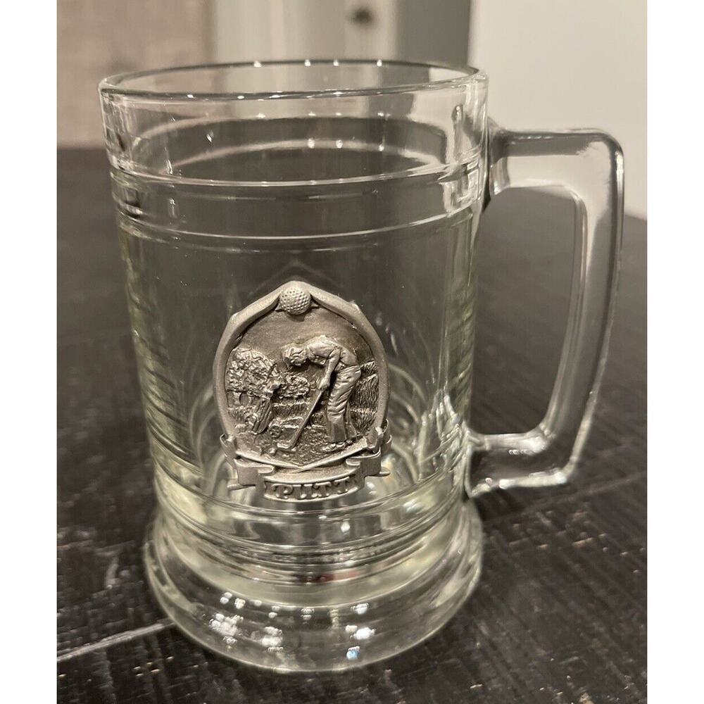 GLASS STEIN BEER MUG COLONIAL TANKARD PEWTER EMBLEM PUTT GOLFER! Vintage - Picture 2 of 4